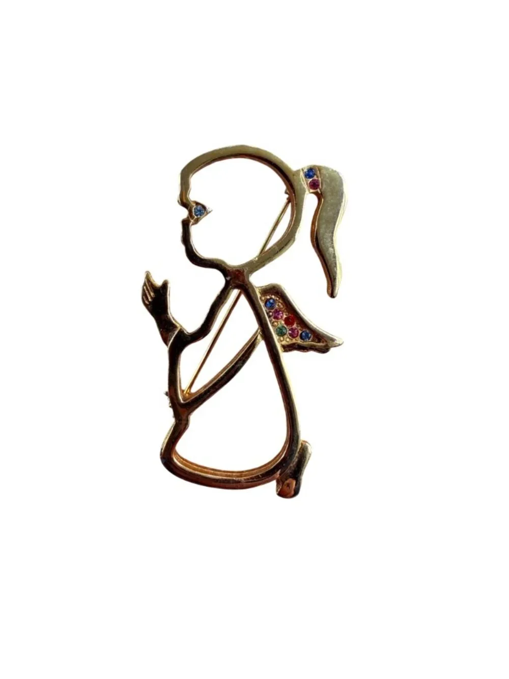 Vintage Praying Guardian Angel Brooch VTG Rainbow Rhinestone Pin Religious Jewel